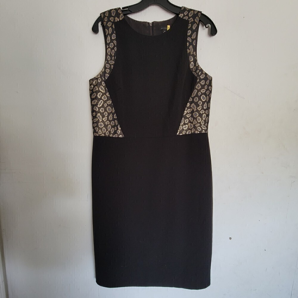 Ann Taylor Black Gold Animal Print Sleeveless Sheath Career Dress Size 10